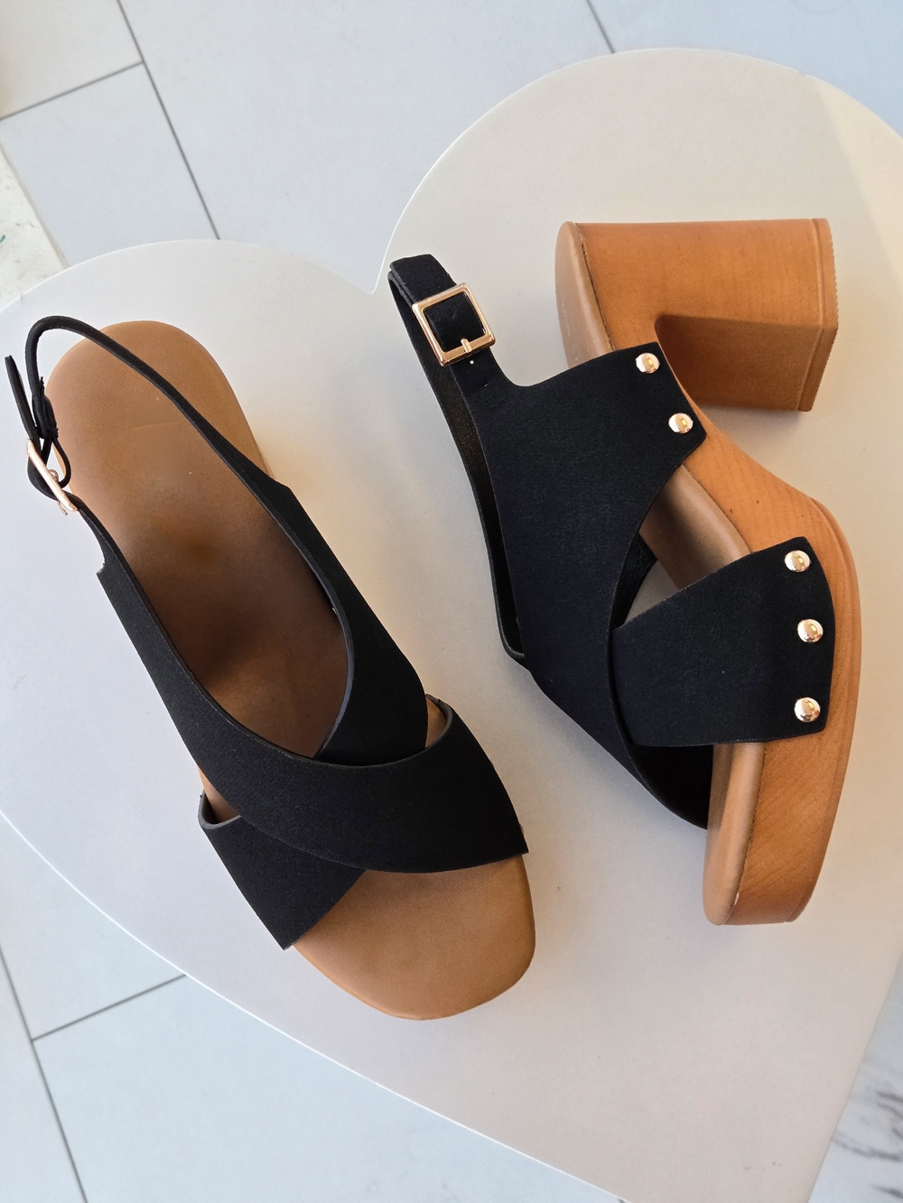 Women's Black Slingback Platform Sandals with Tan Wood Heel